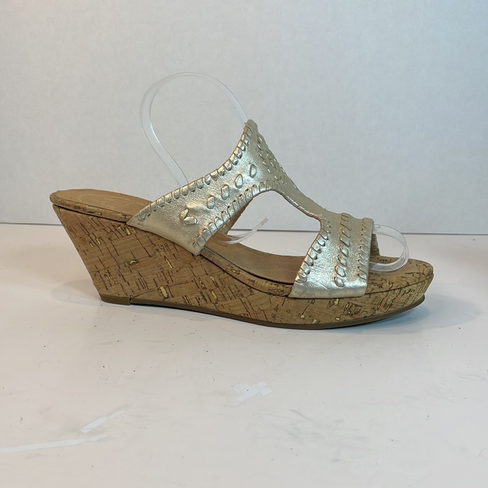 🌸JACK ROGERS PLATINUM LEATHER WEDGE SANDALS WITH CORK HEEL SIZE 9M.